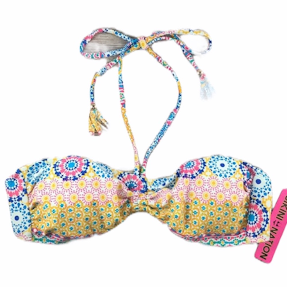 Multi Medallion Print Tassel Halter Bikini Top